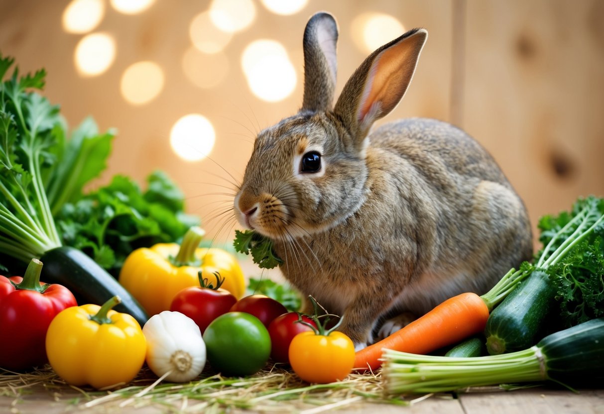 A rabbit surrounded by a variety of fresh vegetables and hay, nibbling contentedly until it stops, showing signs of being full