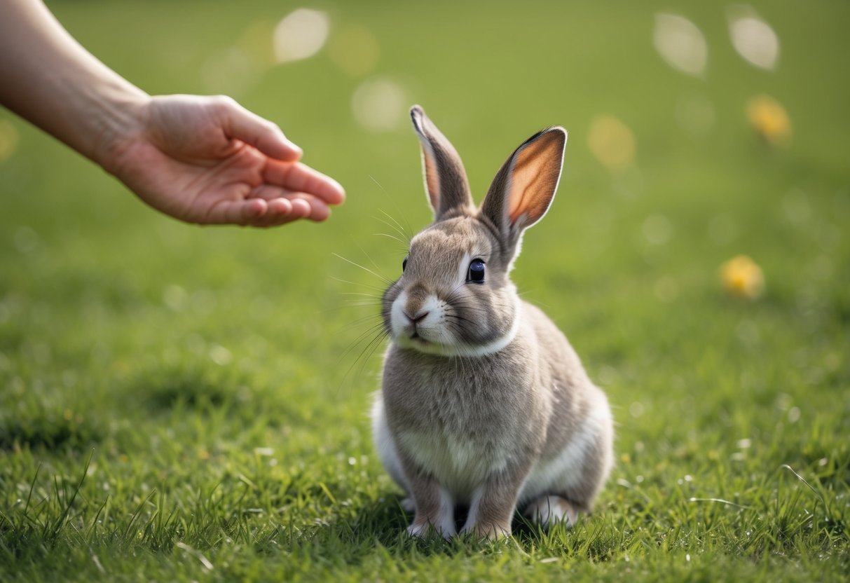 A bunny sitting in a grassy field, ears perked up, as its owner calls out its name