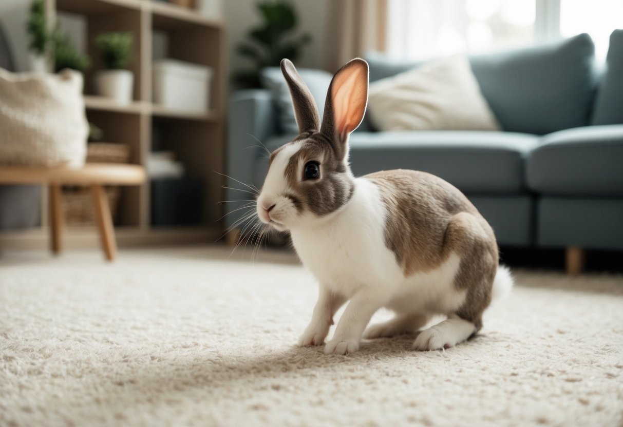 A bunny hops freely through a cozy, clutter-free living room with soft carpet and plenty of hiding spots