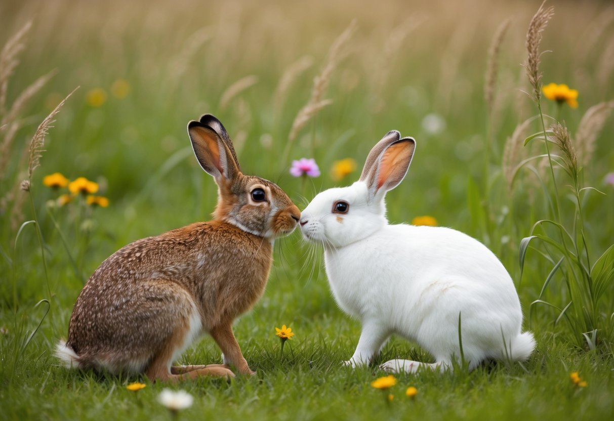 A brown hare and a white rabbit nuzzle affectionately in a grassy field, surrounded by wildflowers and tall, swaying grass