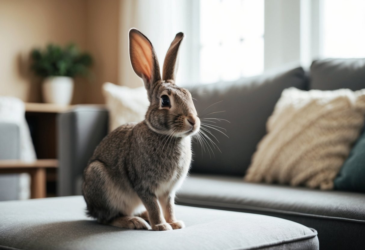 A rabbit sitting in a cozy living room, ears perked up at the sound of its name being called