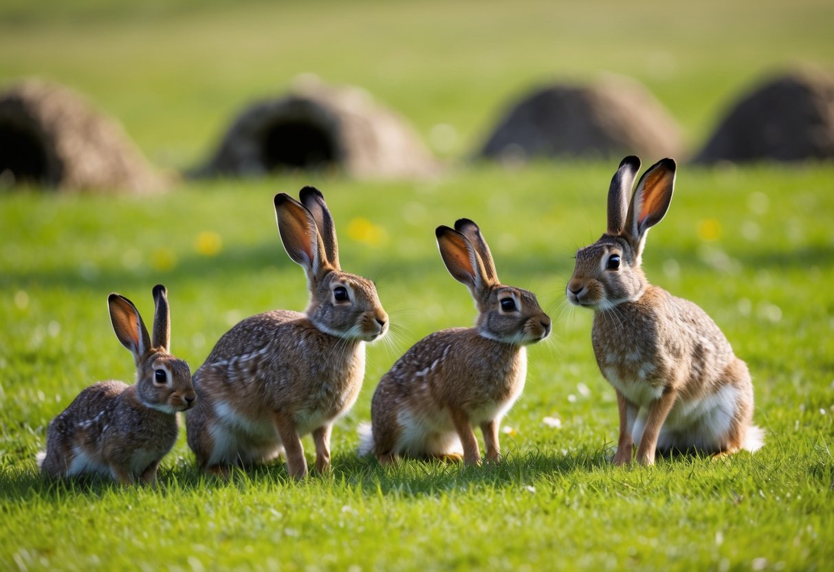 A family of hares and rabbits playing in a grassy meadow, with burrows and nests in the background