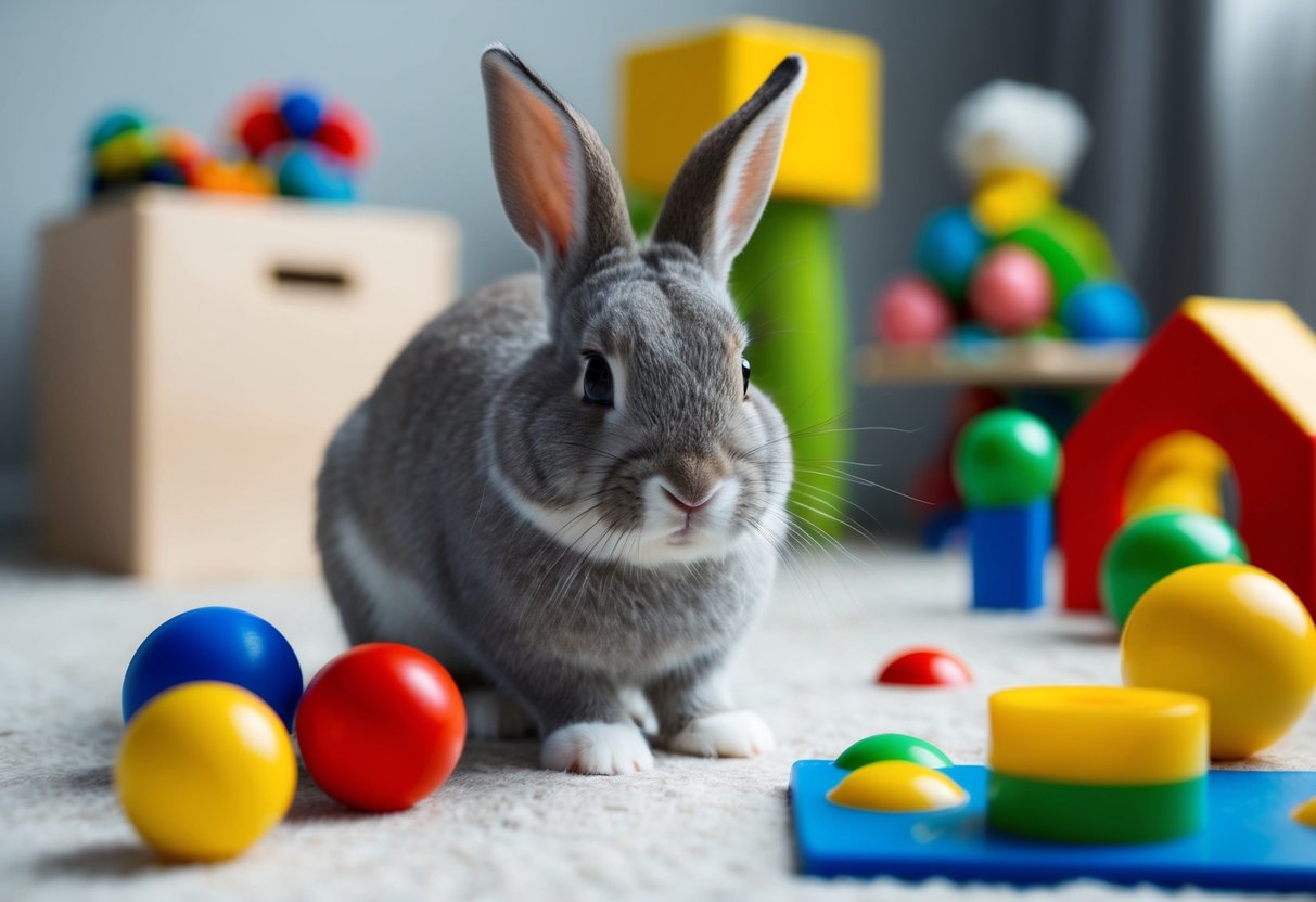 A bunny explores a safe, bunny-proofed room with toys and obstacles