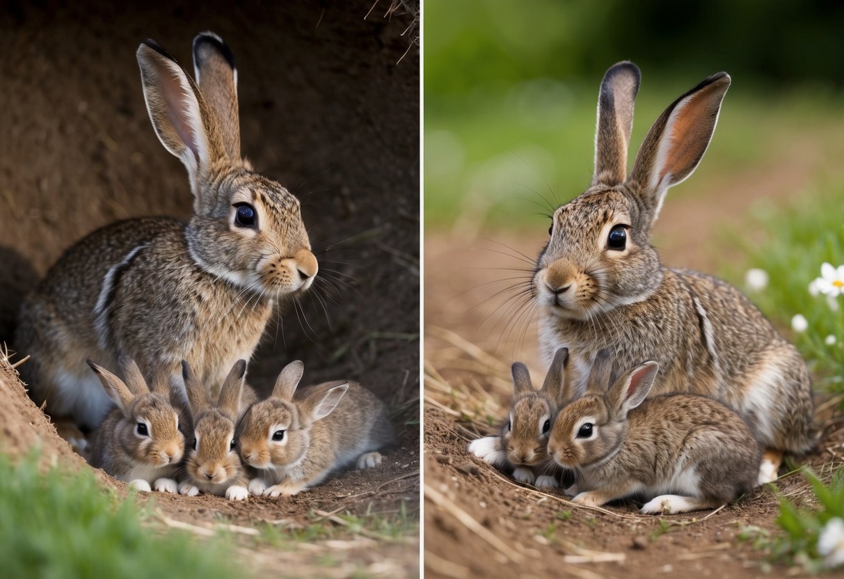 A hare and rabbit are shown side by side, each with a litter of baby bunnies or leverets nestled beside them in a burrow