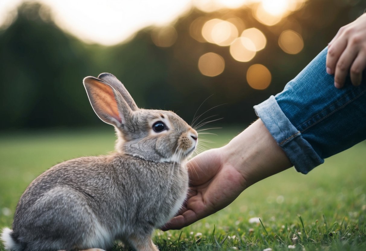 A rabbit nuzzles against a person's leg, looking up with adoration