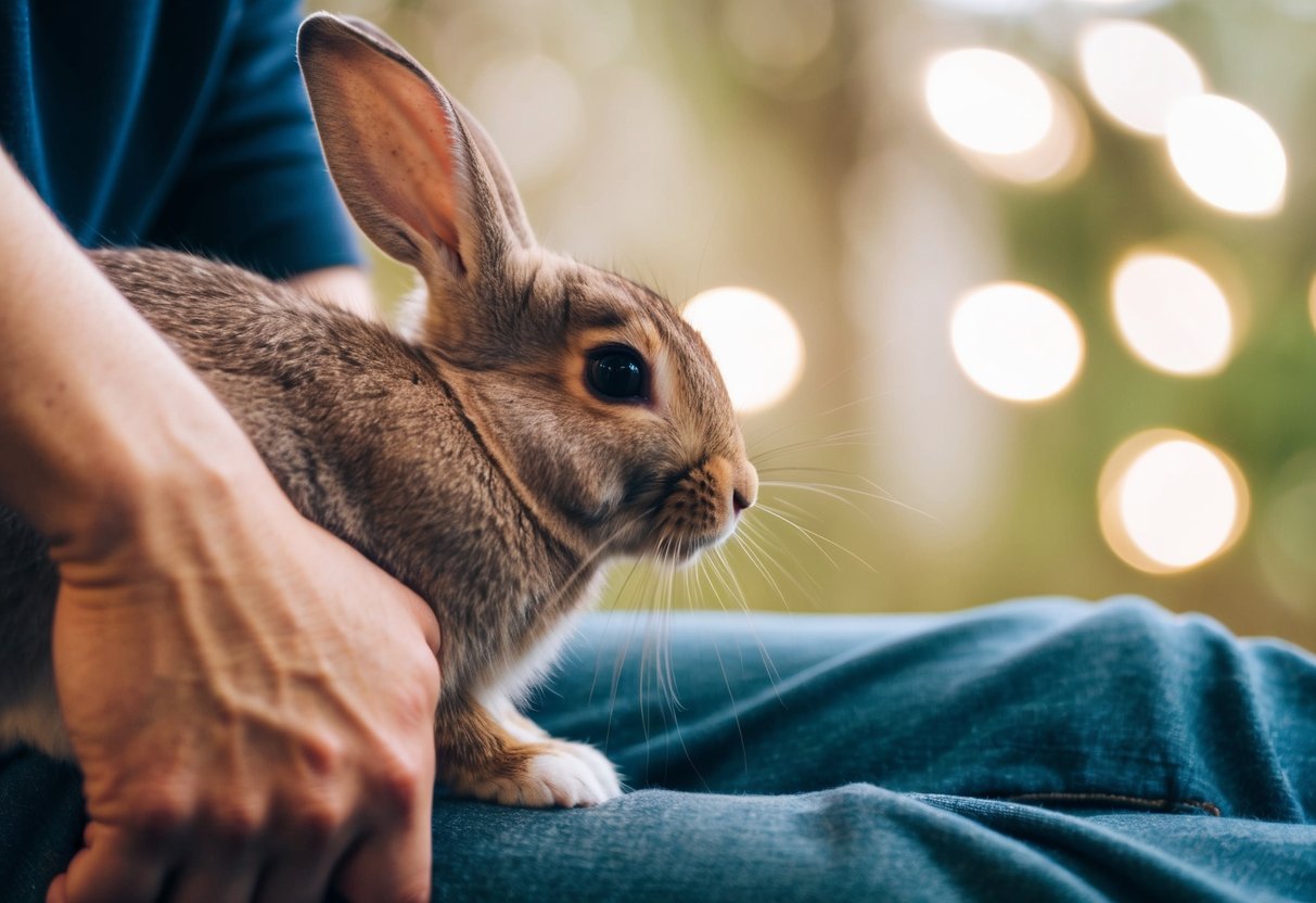 A rabbit nuzzles against a person's leg, seeking affection and comfort. The person looks down at the rabbit with a smile, showing a strong bond between them