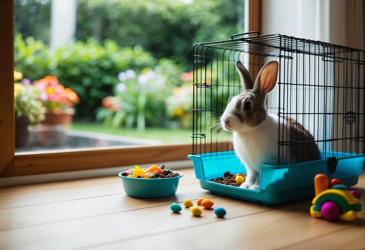 A rabbit sits in a small cage indoors, surrounded by toys and food. Outside, a lush garden beckons through a window
