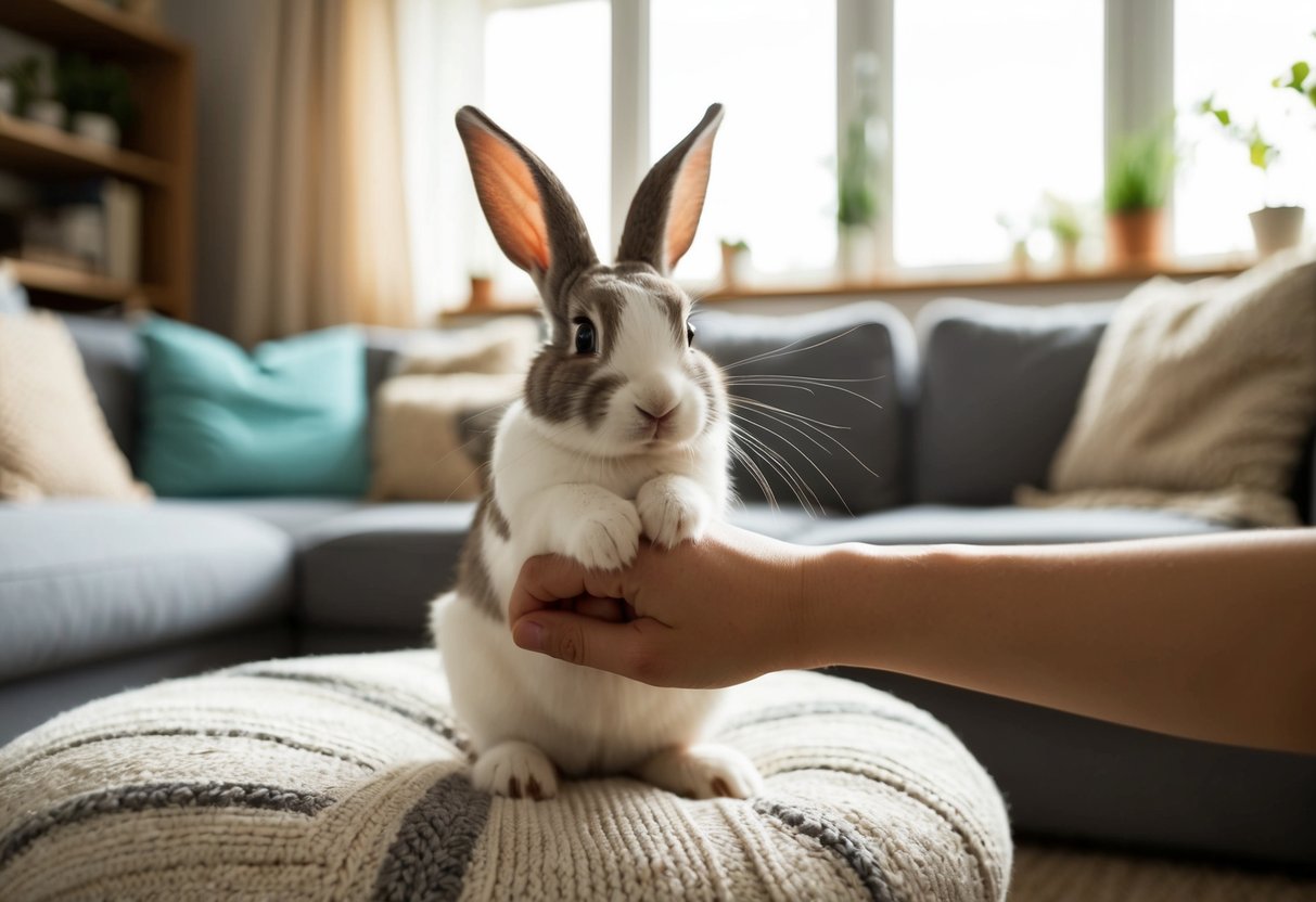 A bunny headbutts a hand for attention, while sitting in a cozy, cluttered living room with a sunny window
