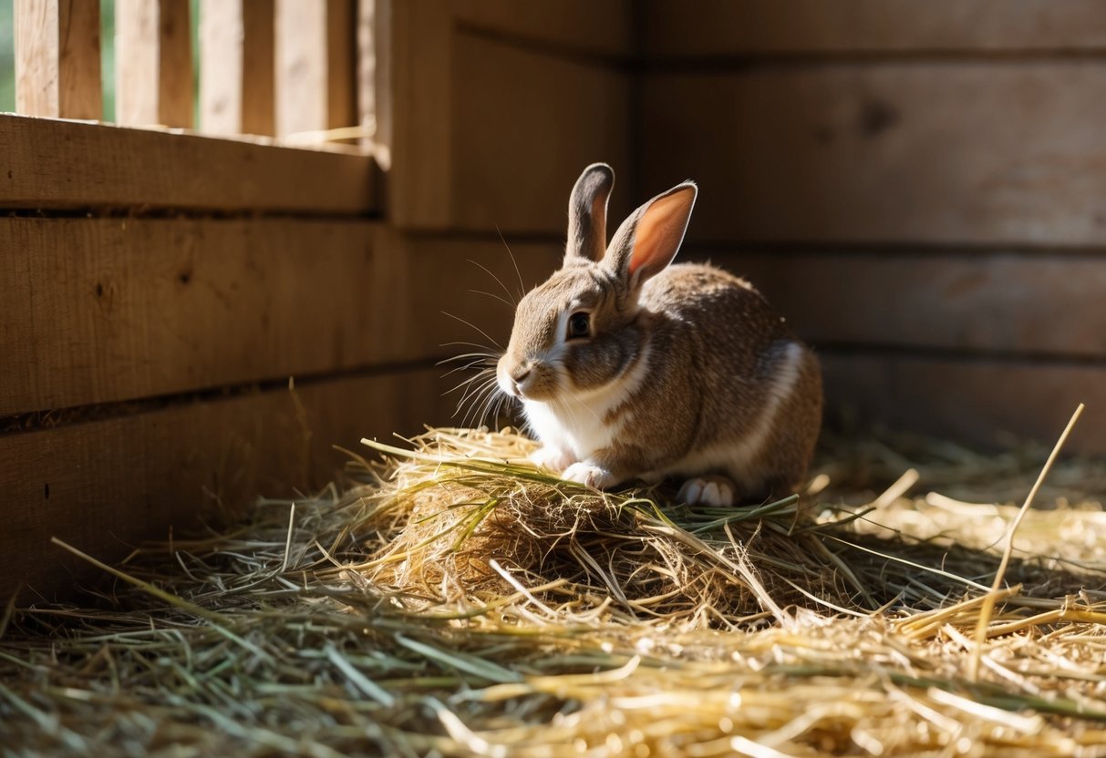 A rabbit munches on a pile of hay in a cozy, sunlit barn corner