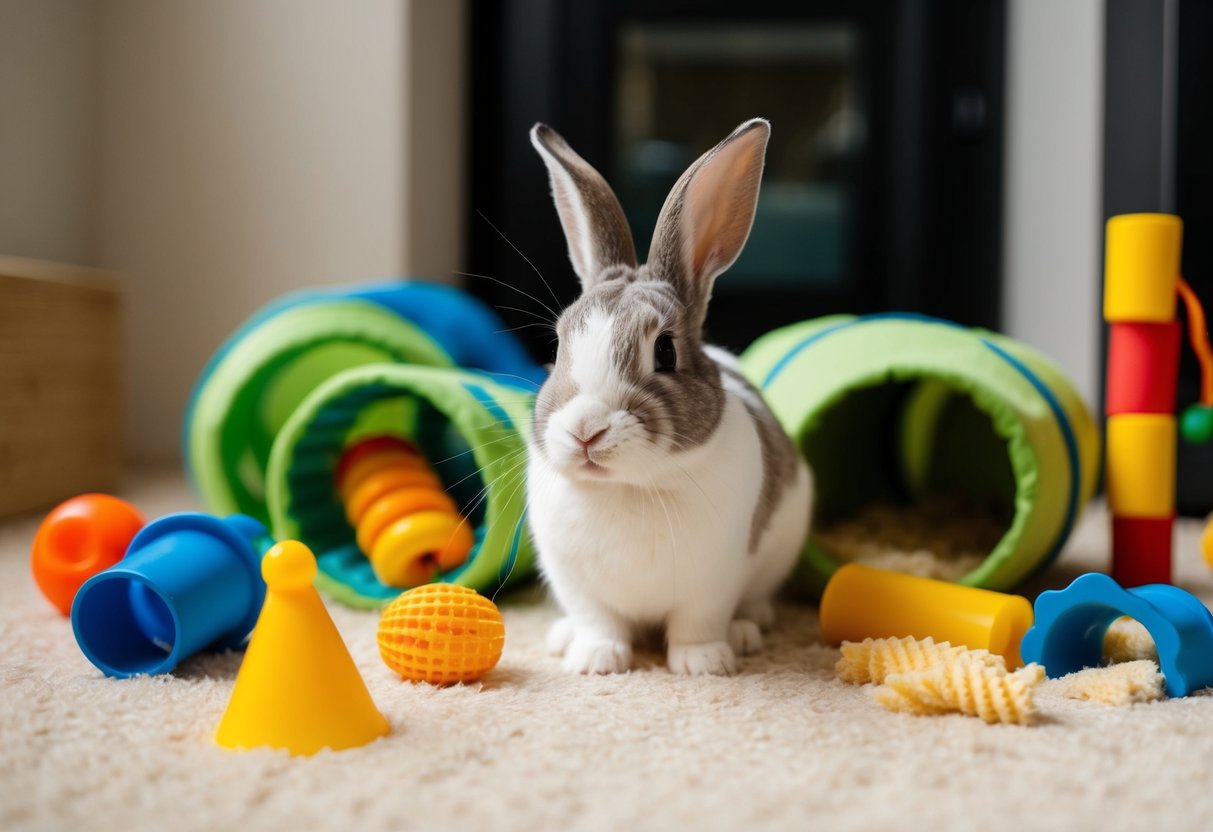 An indoor rabbit surrounded by enriching toys and activities, such as tunnels, chew toys, and a cozy hiding spot