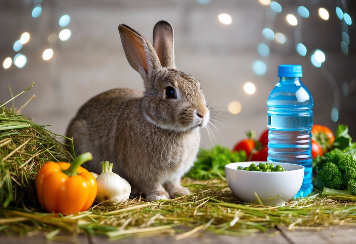 A rabbit surrounded by various types of hay, with a water bottle and a bowl of fresh vegetables nearby