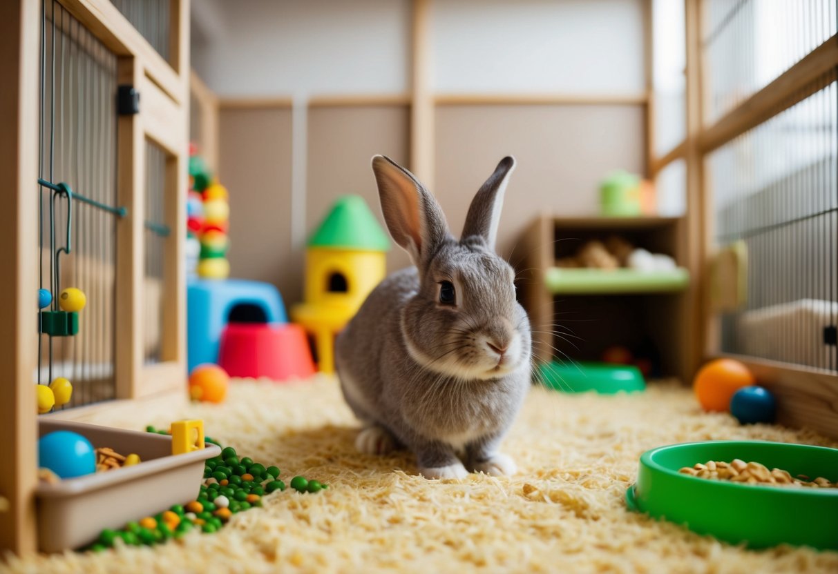 An indoor rabbit surrounded by a spacious, well-equipped enclosure with plenty of toys, hiding spots, and fresh food and water