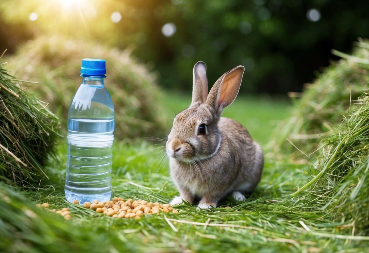 A rabbit surrounded by piles of fresh hay, with a water bottle and a few scattered pellets nearby