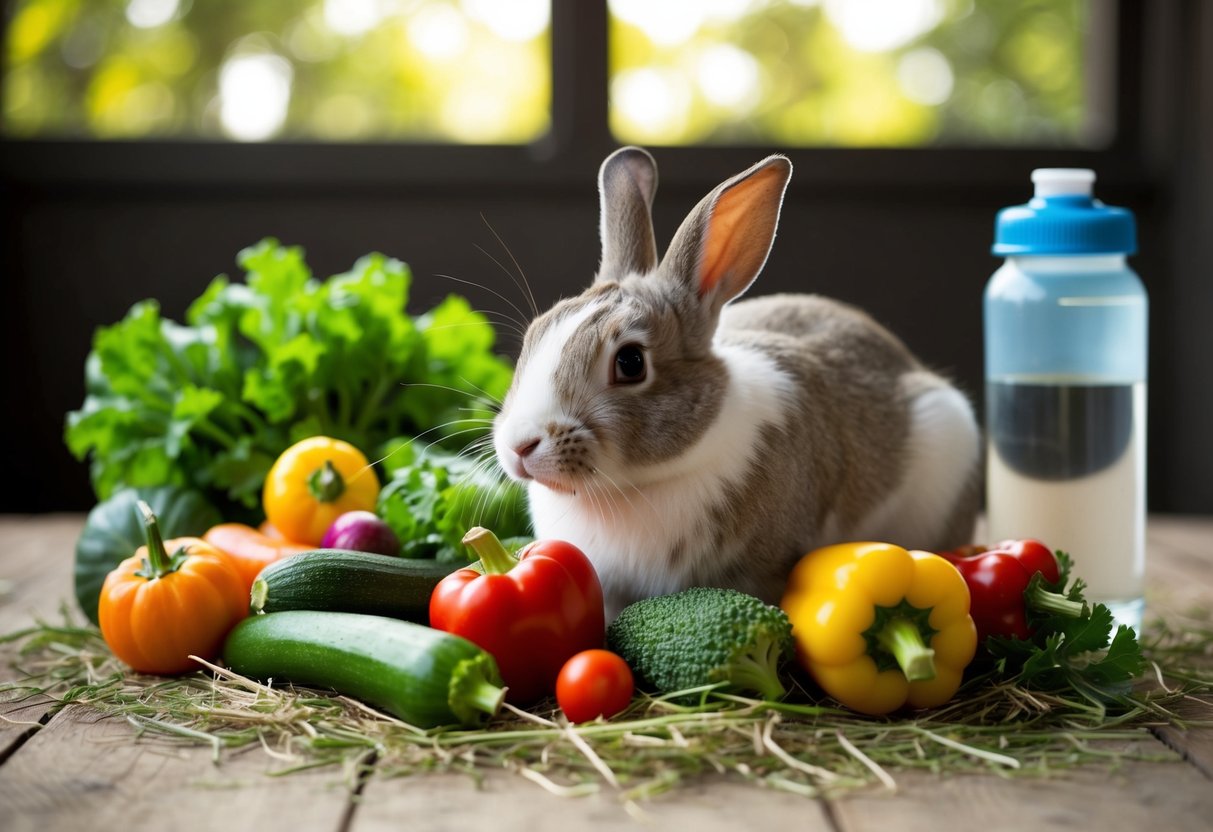A rabbit surrounded by a variety of fresh vegetables and a pile of hay, with a water bottle nearby