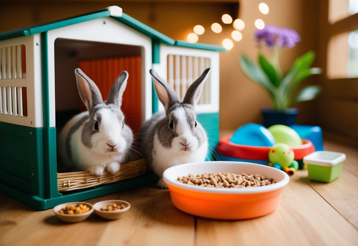 A cozy bunny hutch with food, water, and toys