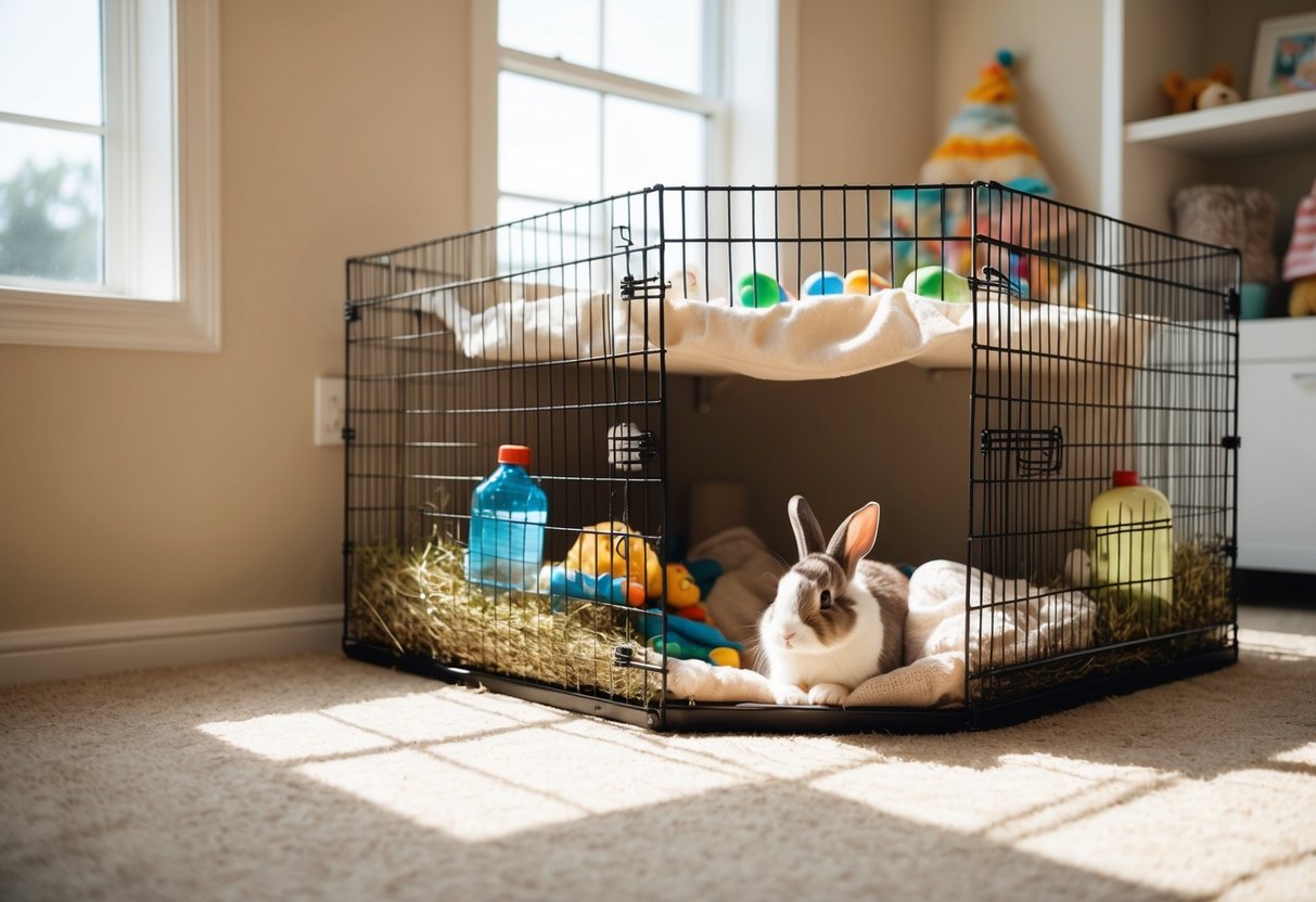 A cozy, sunlit room with a large, secure enclosure filled with toys, hay, and water bottles. A soft blanket and hideaway provide comfort for the bunny's two-day stay