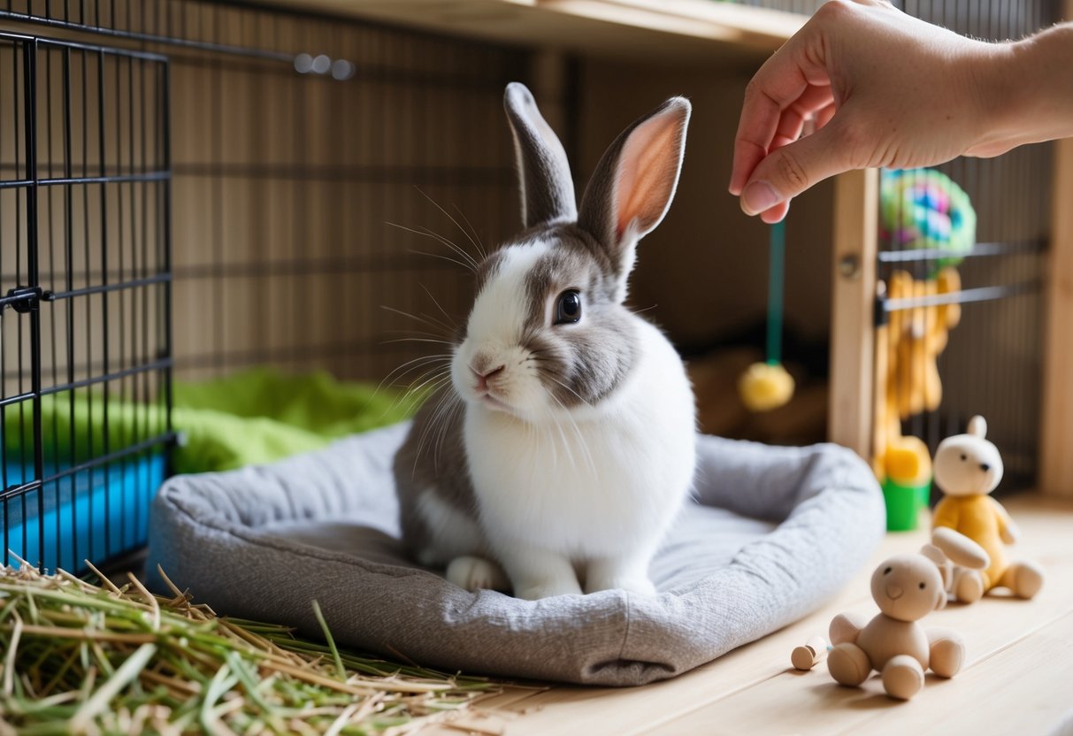 A bunny sitting in a cozy, spacious cage with fresh hay and water, surrounded by toys and a soft bed, with a gentle hand petting its fur