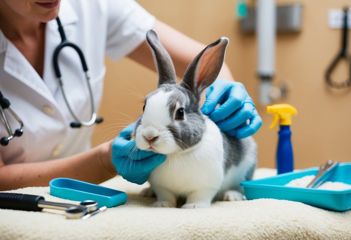 A bunny being groomed and checked by a veterinarian, surrounded by clean bedding and grooming tools