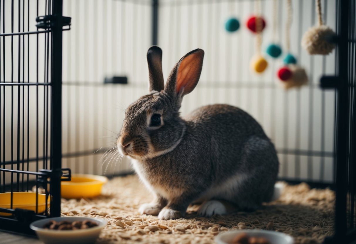 A rabbit sitting alone in a dimly lit cage, ears drooping and eyes half-closed, surrounded by untouched food and toys
