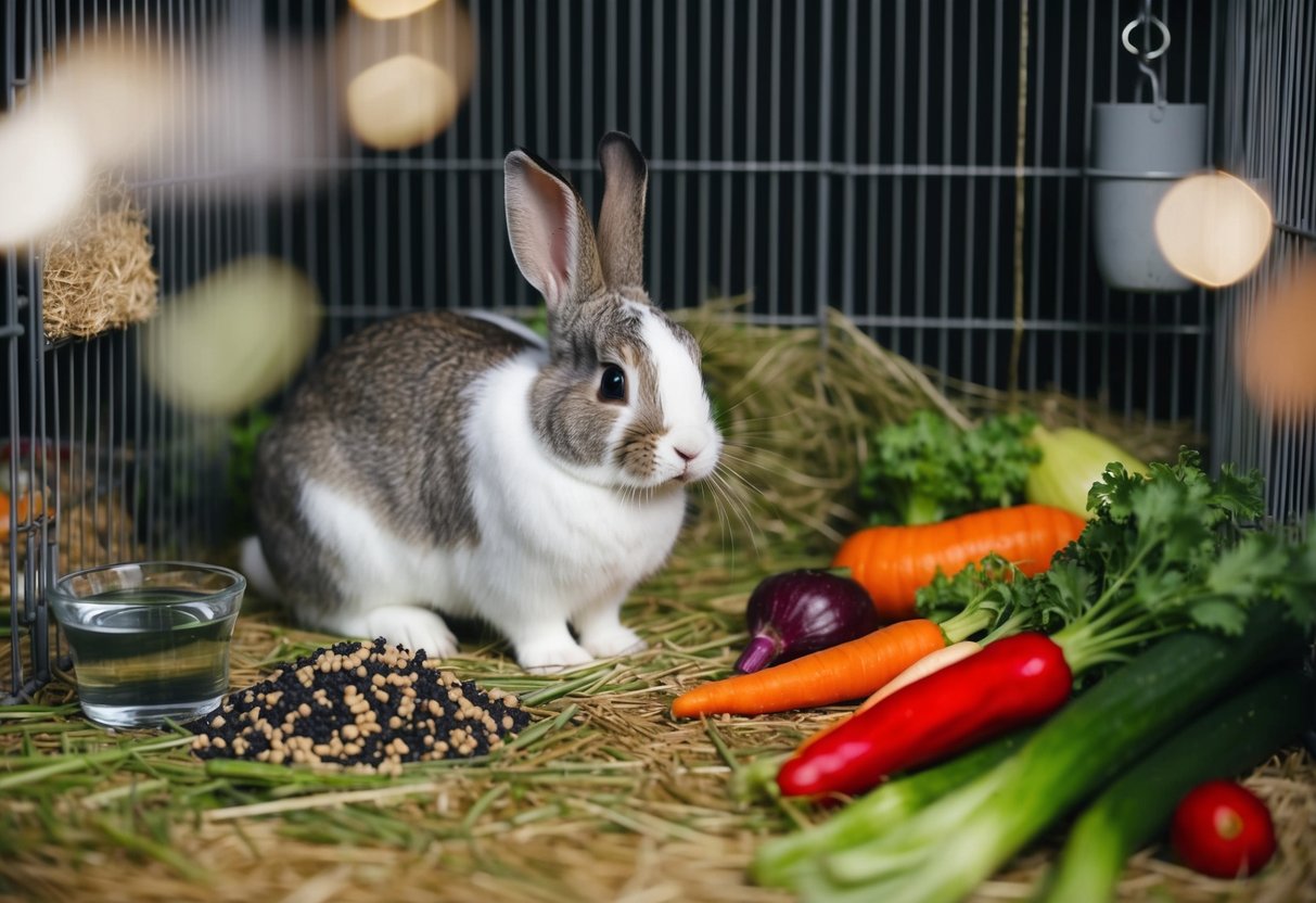 A bunny sits in a cozy, spacious cage with fresh hay and water. A variety of colorful vegetables and a small pile of pellets are scattered in the corner