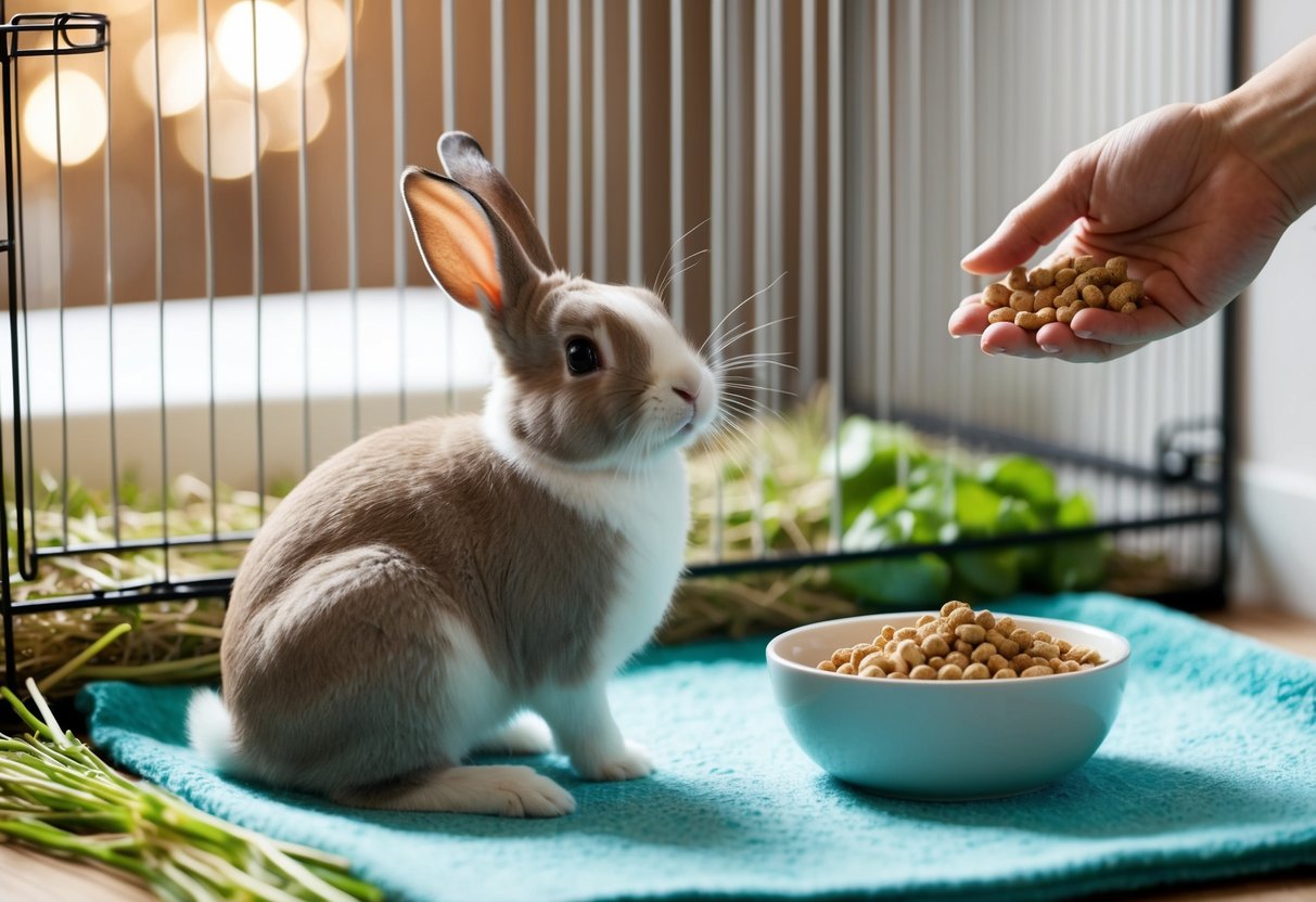 A bunny sitting in a cozy, clean cage with fresh hay, water, and a bowl of vegetables. A gentle hand offers a handful of pellets
