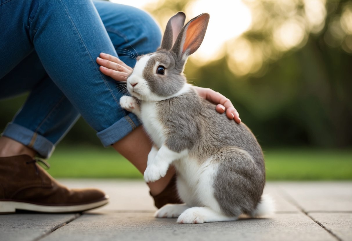 A bunny nuzzles against a person's leg, thumping its hind legs in contentment as it receives gentle pets and scratches behind the ears