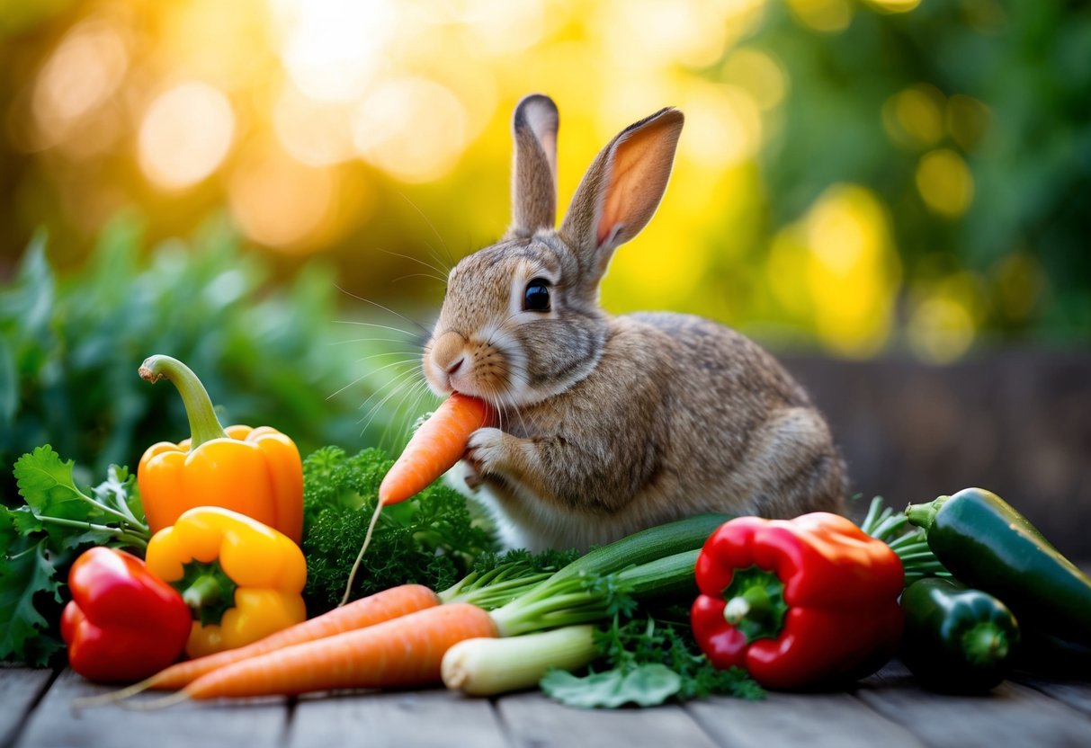A rabbit surrounded by a variety of fresh vegetables such as carrots, leafy greens, and bell peppers, eagerly munching on them