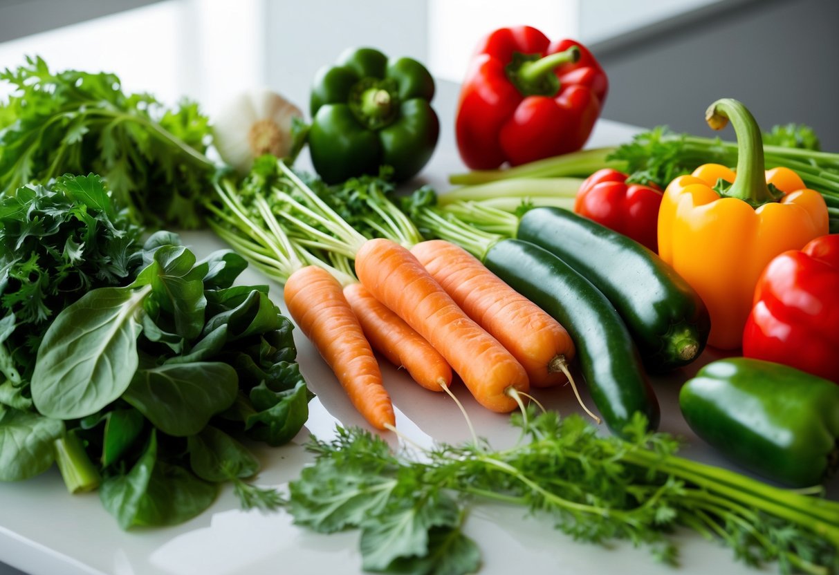 A variety of fresh vegetables spread out on a clean surface, including leafy greens, carrots, and bell peppers