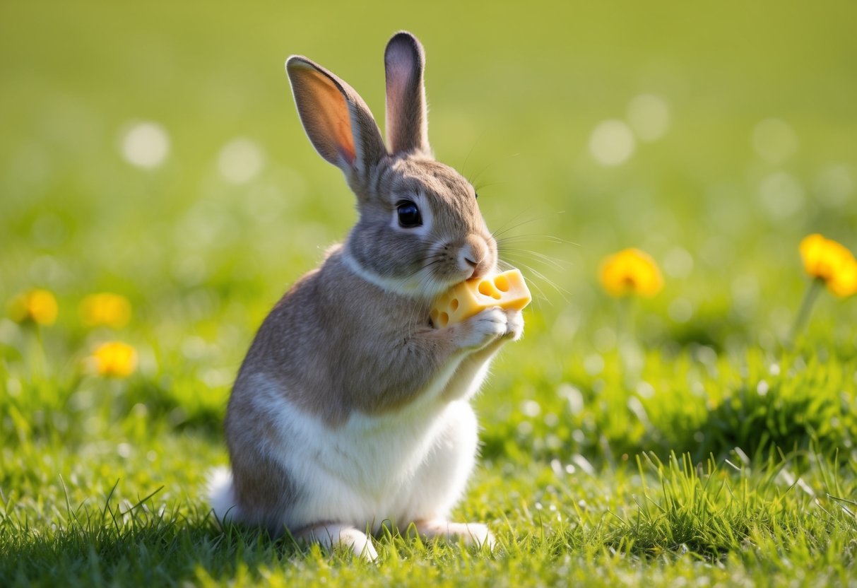 A bunny nibbles on a piece of cheese, sitting in a grassy meadow under a bright blue sky