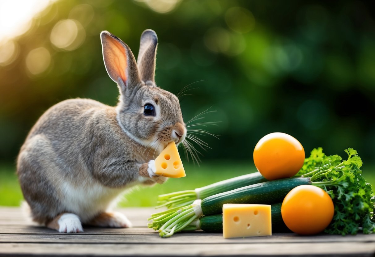 A curious rabbit sniffs a piece of cheese, while a pile of fresh vegetables sits nearby