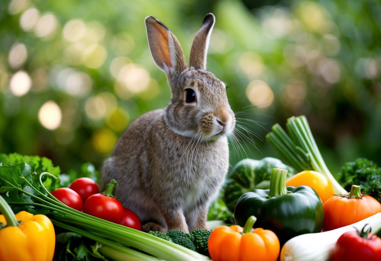 A rabbit surrounded by a variety of safe vegetables to eat, with a clear distinction from the vegetables to avoid