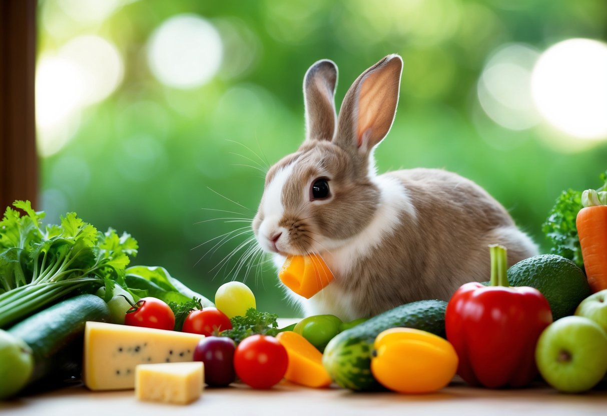 A bunny nibbles on a variety of fresh vegetables and fruits, with a small piece of cheese nearby