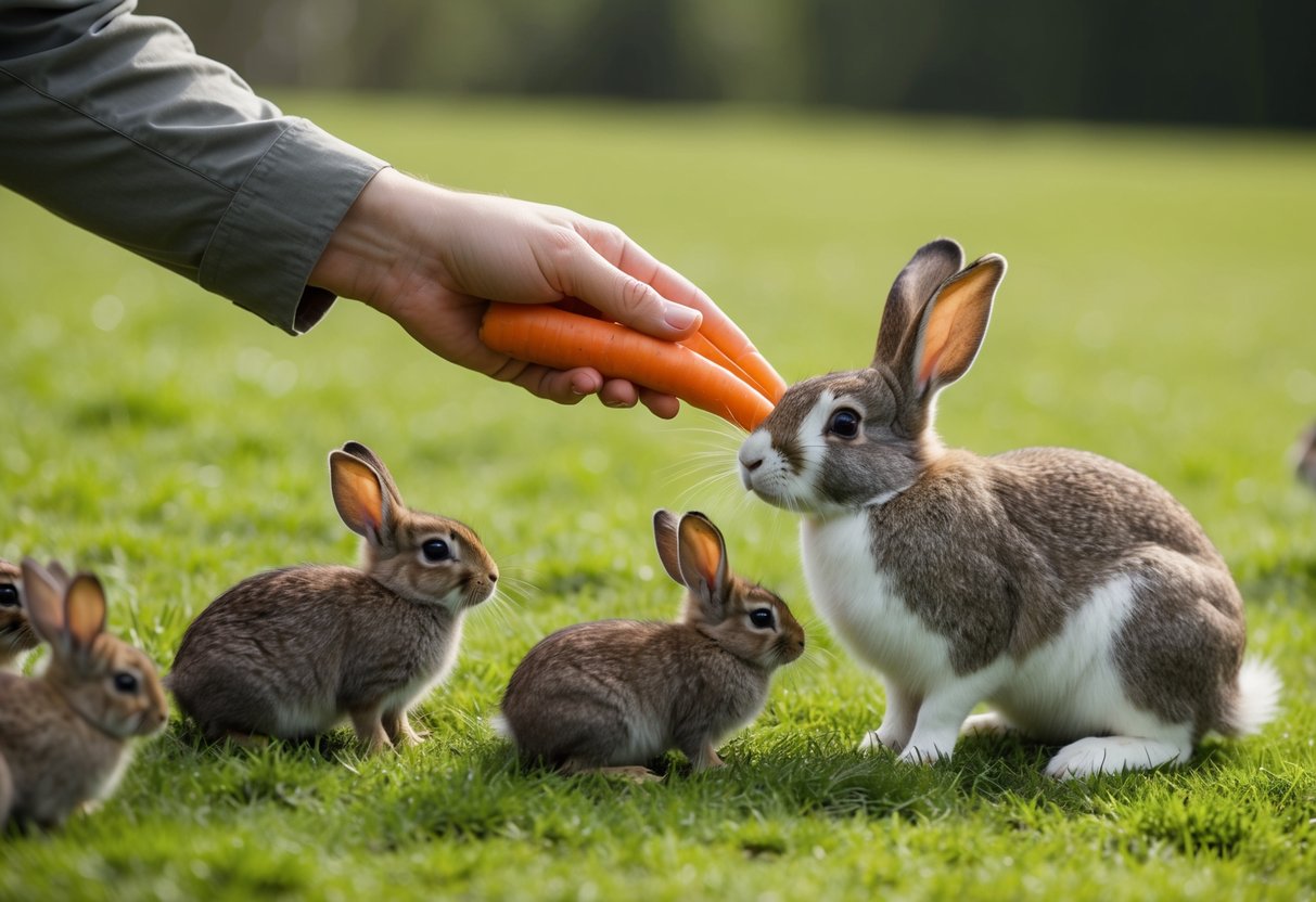 A person feeds a mix of leafy greens and carrots to baby and adult rabbits in a grassy field