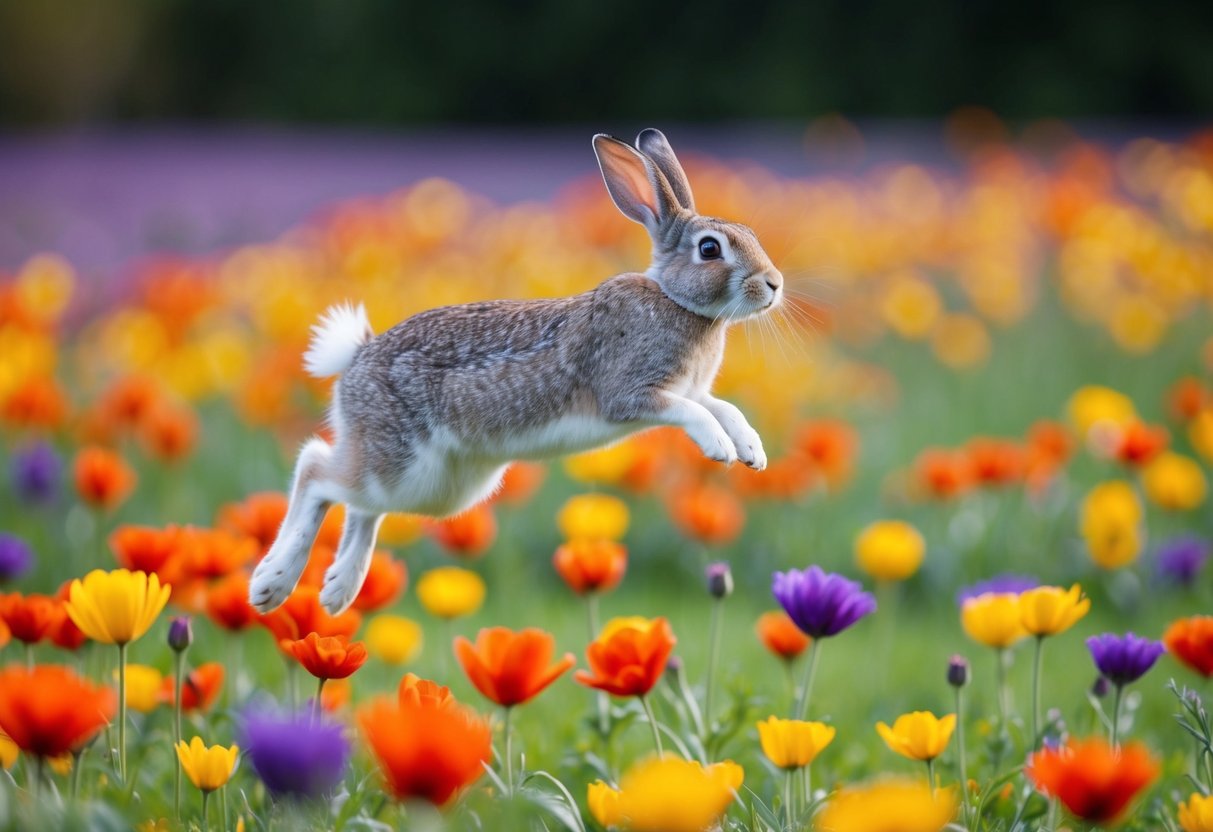 A rabbit leaping over a field of colorful flowers
