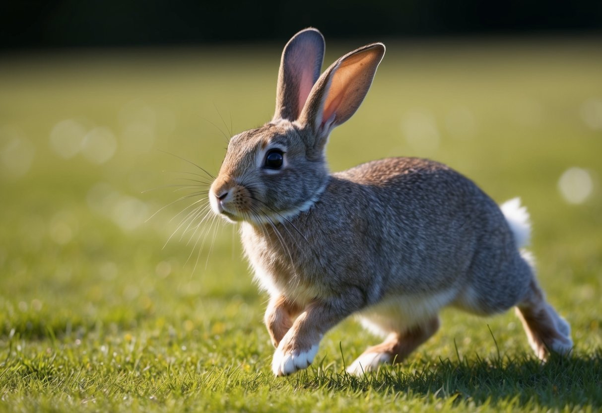 A rabbit with long ears and fluffy fur hops through a field, its nose twitching as it sniffs the air
