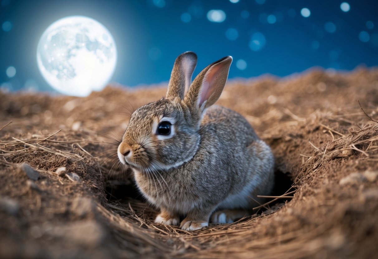 A rabbit nestles into a cozy burrow under the moonlit sky