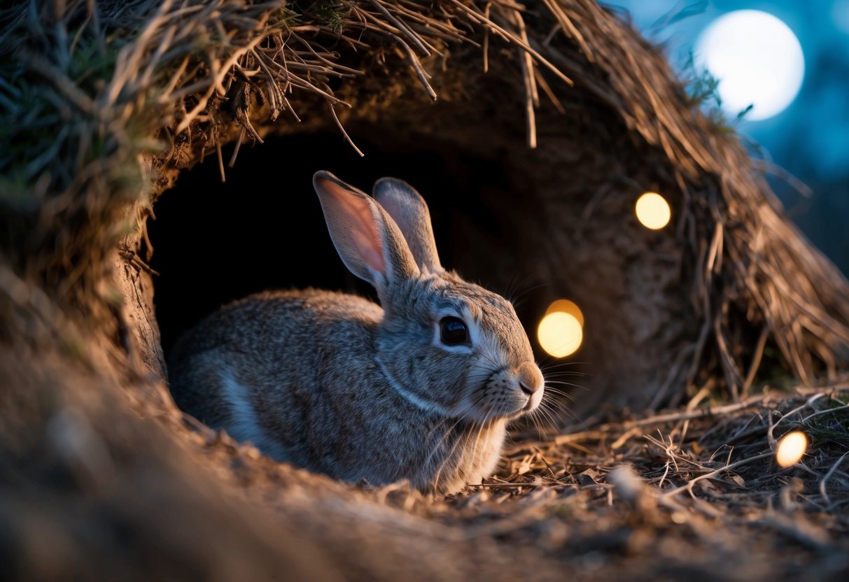 A rabbit nestled in a cozy burrow, surrounded by the soft glow of the moonlight filtering through the entrance