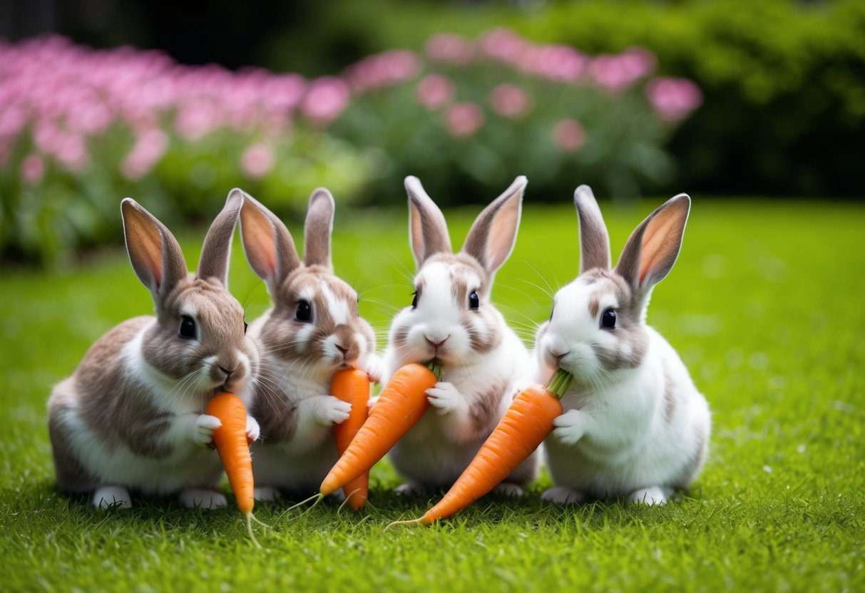 A group of bunnies nibbling on fresh carrots in a lush green garden