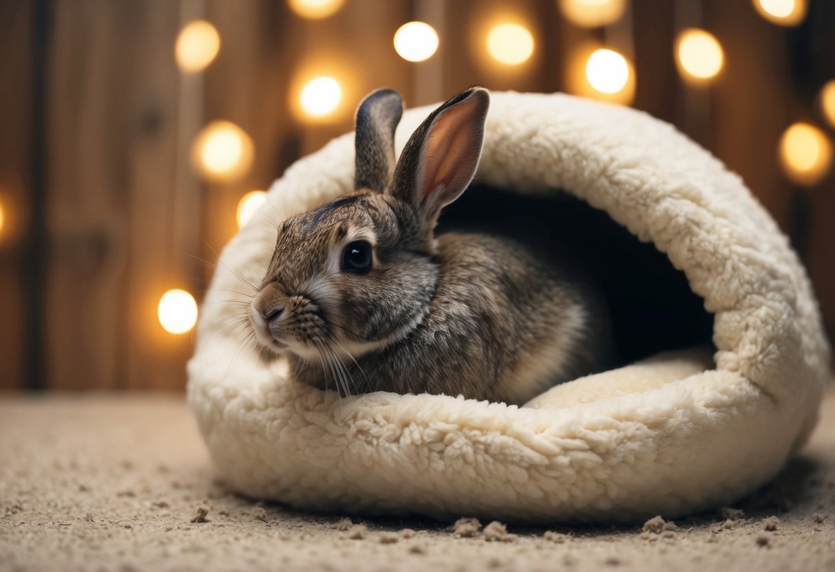 A cozy rabbit burrow with soft bedding, dim lighting, and a peaceful atmosphere