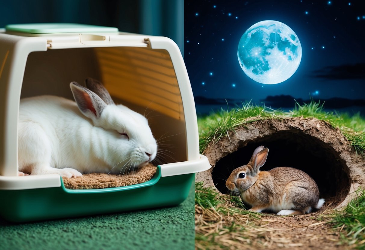 A pet rabbit sleeps peacefully in a cozy, indoor hutch while a wild rabbit rests in a natural burrow under the moonlit night sky