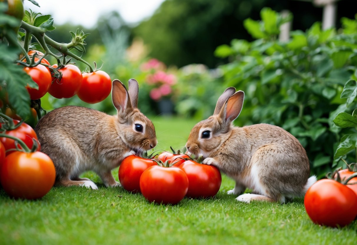 A group of bunnies nibbling on ripe red tomatoes in a lush garden