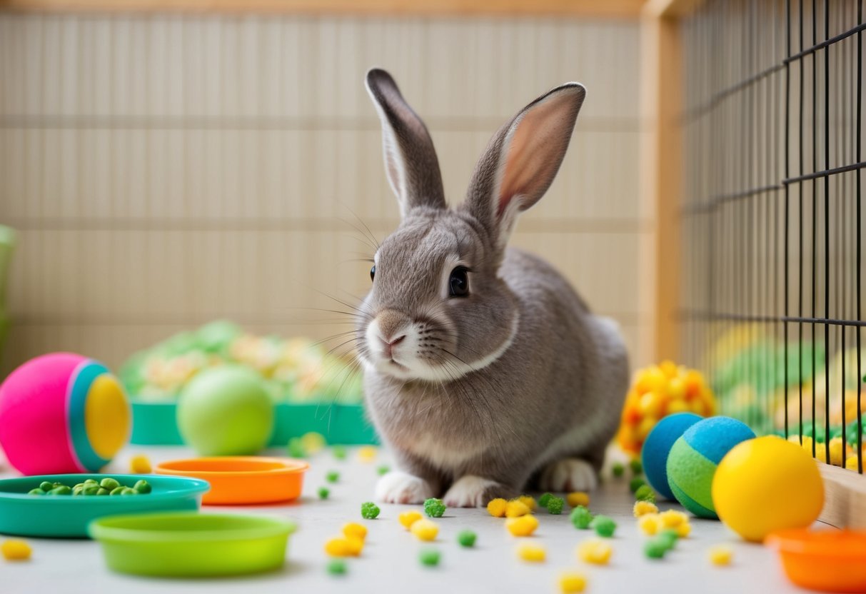 A bunny with perked ears and a relaxed body, surrounded by toys and fresh food, in a clean and spacious enclosure
