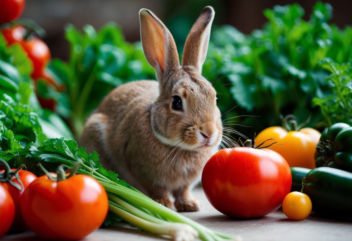 A rabbit surrounded by various vegetables, with a focus on a juicy red tomato