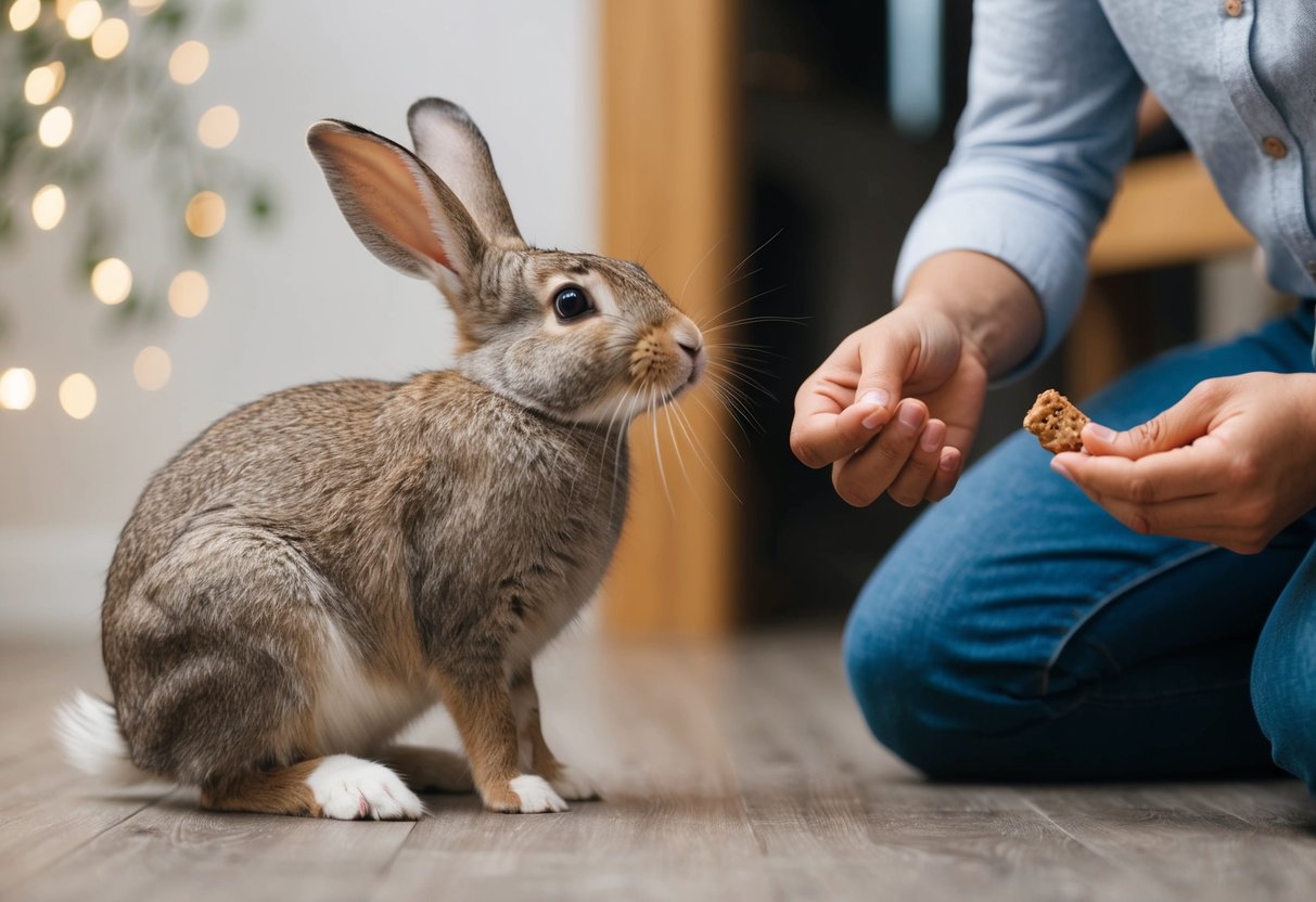 A rabbit nuzzles against a person's leg while another person offers a treat, observing the rabbit's reaction