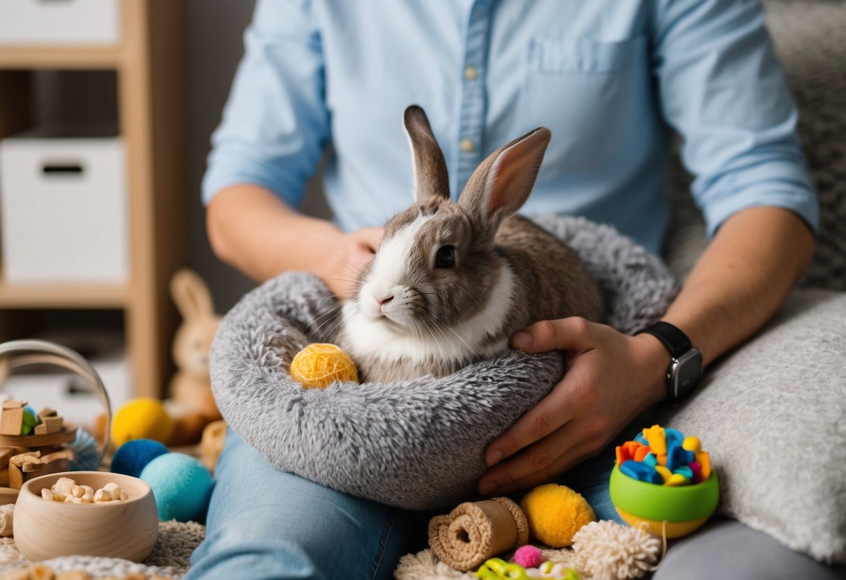 A rabbit nestled in the arms of a person, surrounded by a cozy and enriching environment with toys, treats, and comfortable bedding