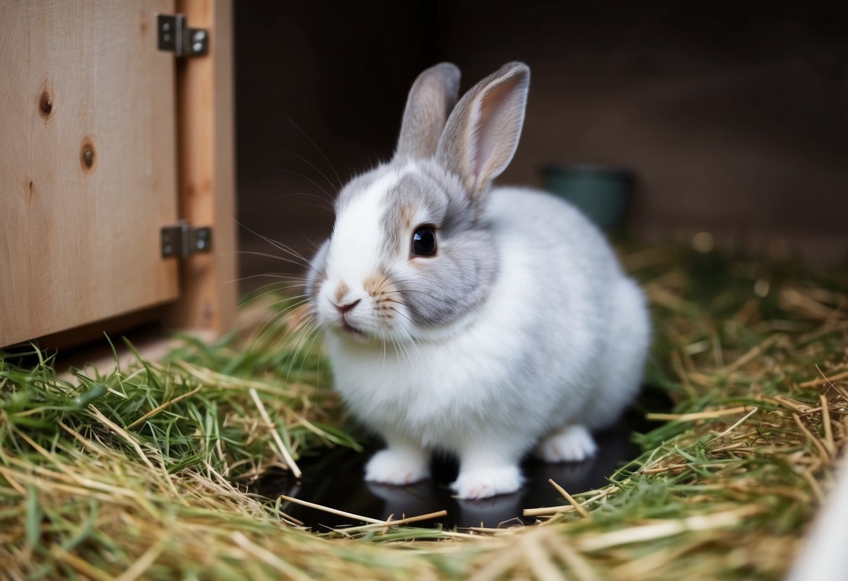 A fluffy rabbit sits in a cozy hutch, surrounded by fresh hay and water. Its bright eyes and twitching nose show signs of vitality and life