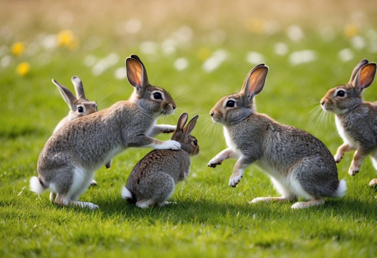 A group of rabbits interacting in a grassy field, some grooming each other while others playfully hop around