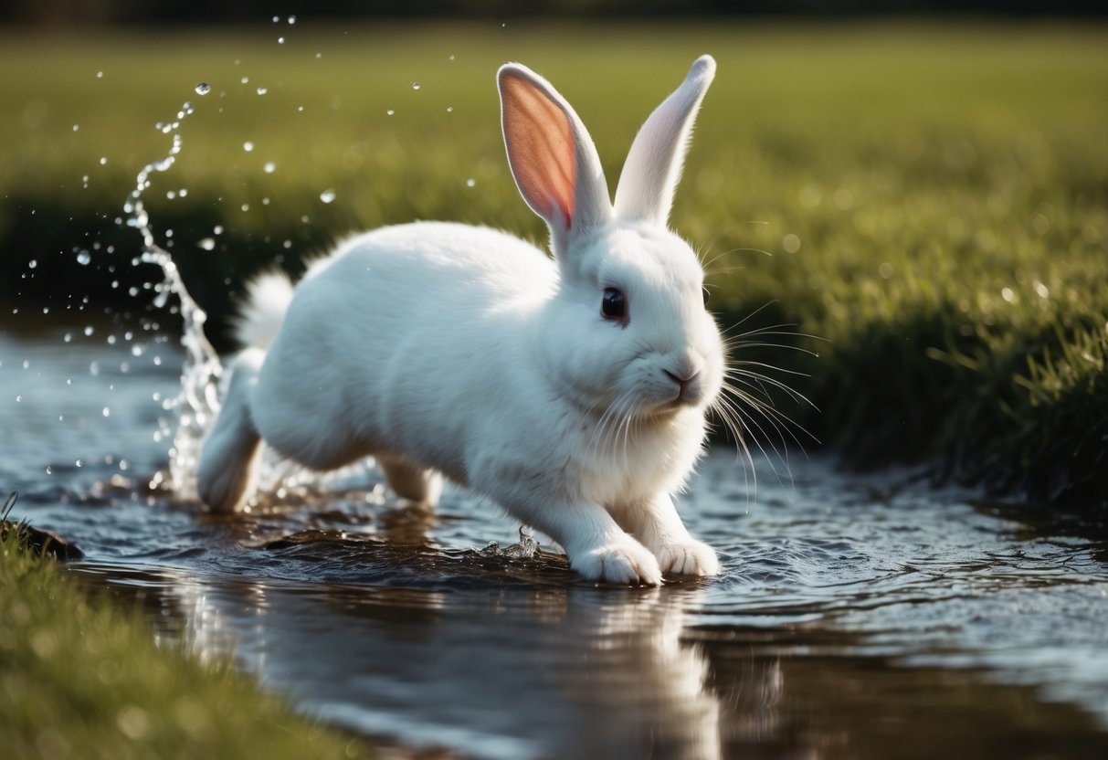 A fluffy white rabbit hops through a shallow stream, splashing water onto its fur