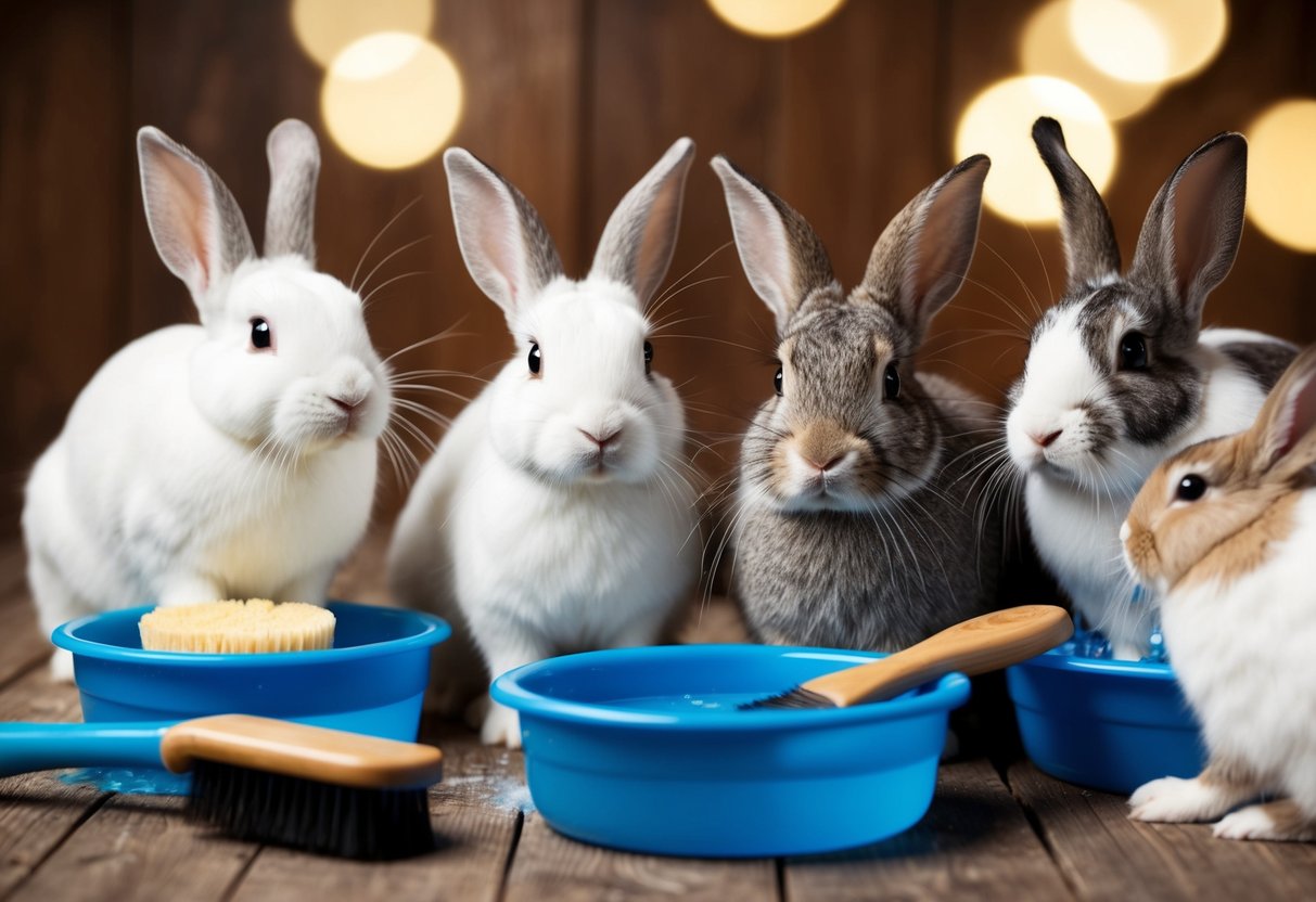 A variety of rabbit breeds surrounded by grooming supplies and water bowls. Some rabbits are being brushed, while others are being gently bathed