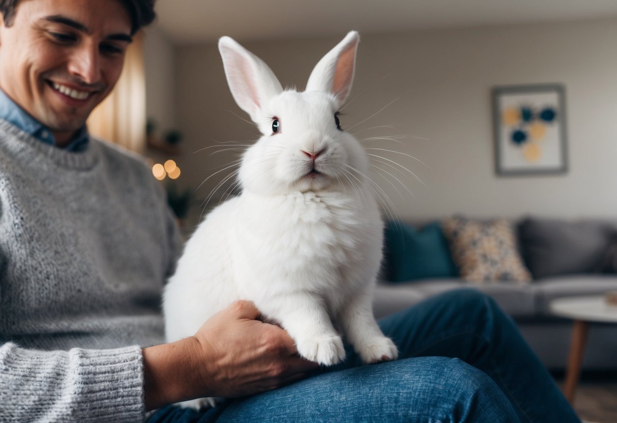 A fluffy white rabbit sits in a cozy living room, eagerly hopping into a person's arms